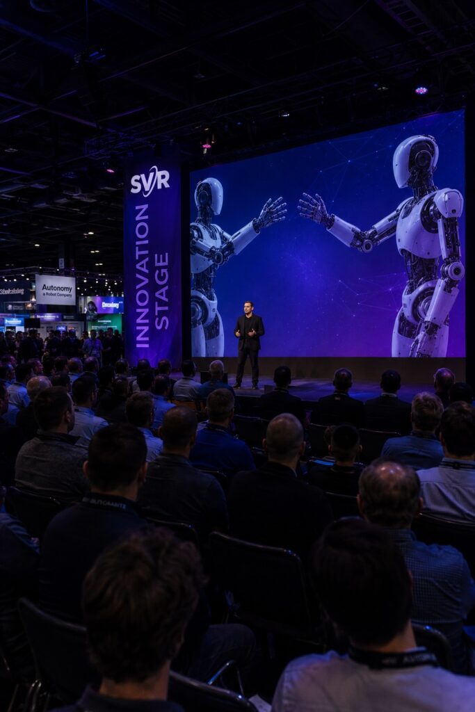 A robotics CEO on stage in front of audience.